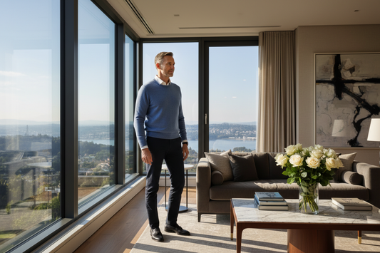 Distinguished man in his 50s standing in a luxurious living room gazing out large windows with calm confidence, embodying lasting weight loss transformation