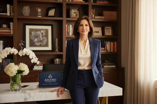  Stunning high-achieving woman in her early 50s in an elegant home office in a tailored blazer, lean and radiant with quiet commanding confidence, reflecting personalized weight loss care designed for high-achieving women