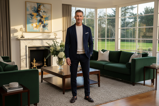  Distinguished man in his 50s standing confidently in a luxurious upscale living room with a lean strong physique, achieving remarkable fat loss results without exercise