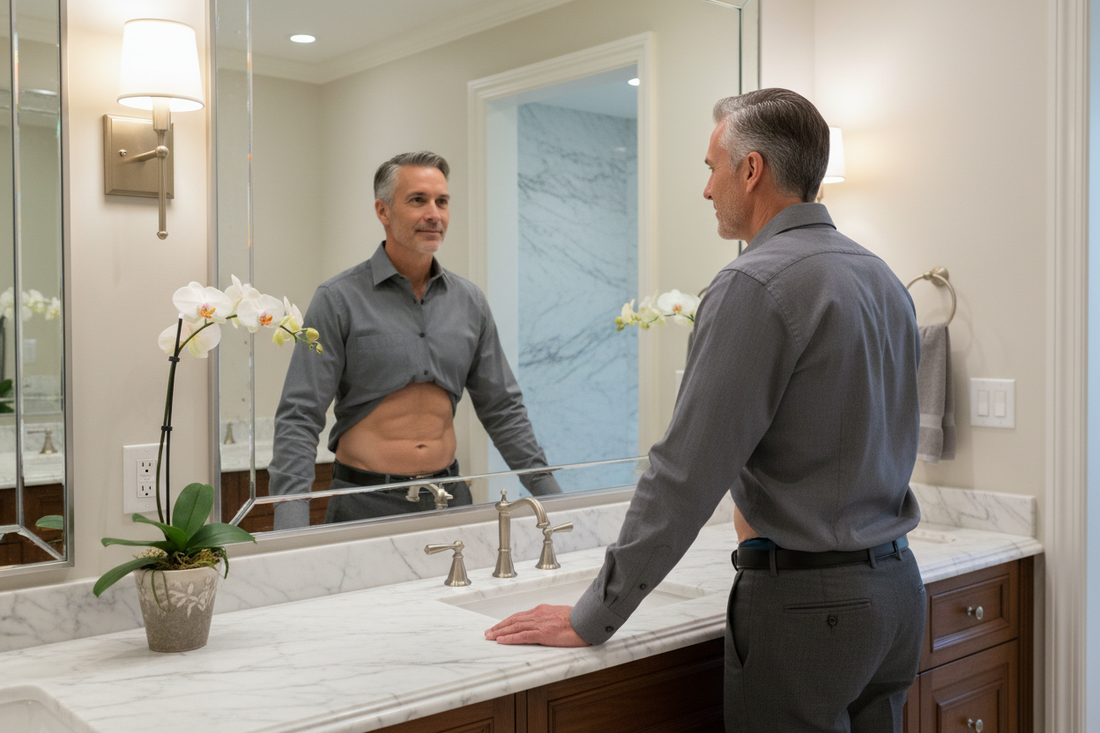 Distinguished man in his 50s in a luxurious marble bathroom looking at his lean reflection with quiet satisfaction, the stubborn abdominal fat finally released through clean doctor-supervised nutritional approaches without injections or drugs