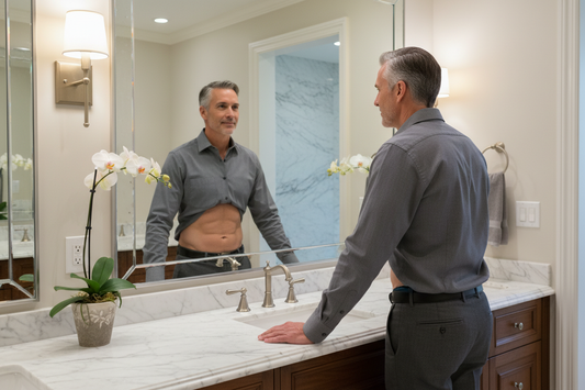  Distinguished man in his 50s in a luxurious marble bathroom looking at his lean reflection with quiet satisfaction, the stubborn abdominal fat finally released through clean doctor-supervised nutritional approaches without injections or drugs