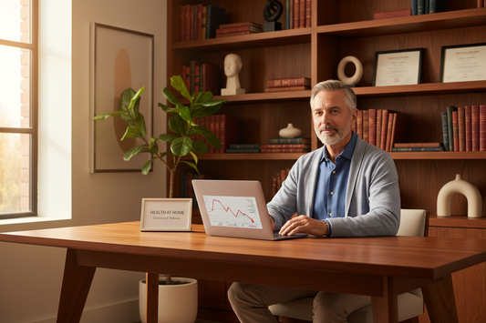 Distinguished man in his late 50s in a luxurious home office calmly reviewing his weight loss progress on a laptop, reflecting the ease of doctor-led midlife weight loss guidance delivered entirely from home