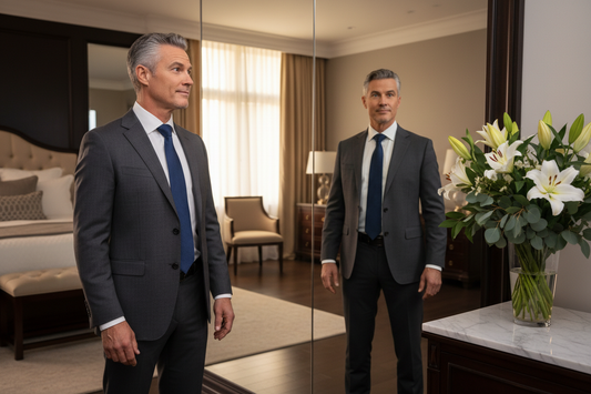  Distinguished man in his 50s standing before a floor-to-ceiling mirror in a luxurious bedroom wearing a perfectly fitted suit, quietly amazed at his visibly leaner transformed physique