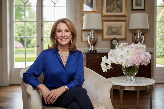 Elegant confident woman in her 50s sitting in a luxurious upscale living room with soft natural light, fresh flowers, and high-end decor, smiling radiantly
