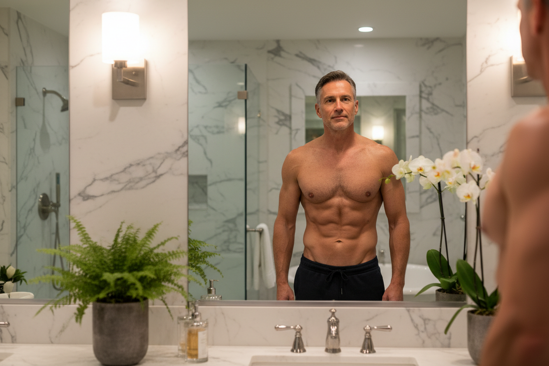 Distinguished man in his 50s in a luxurious marble bathroom looking at his lean firm reflection with quiet pride, the result of balancing rapid weight loss progress with complete tissue health preservation