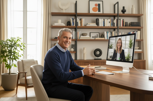  Distinguished man in his 50s in a luxurious home office engaged in a remote video consultation, confident and supported by ongoing doctor oversight for weight loss