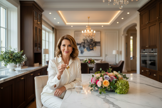  Elegant woman in luxurious home setting holding homeopathic drops with soft natural light