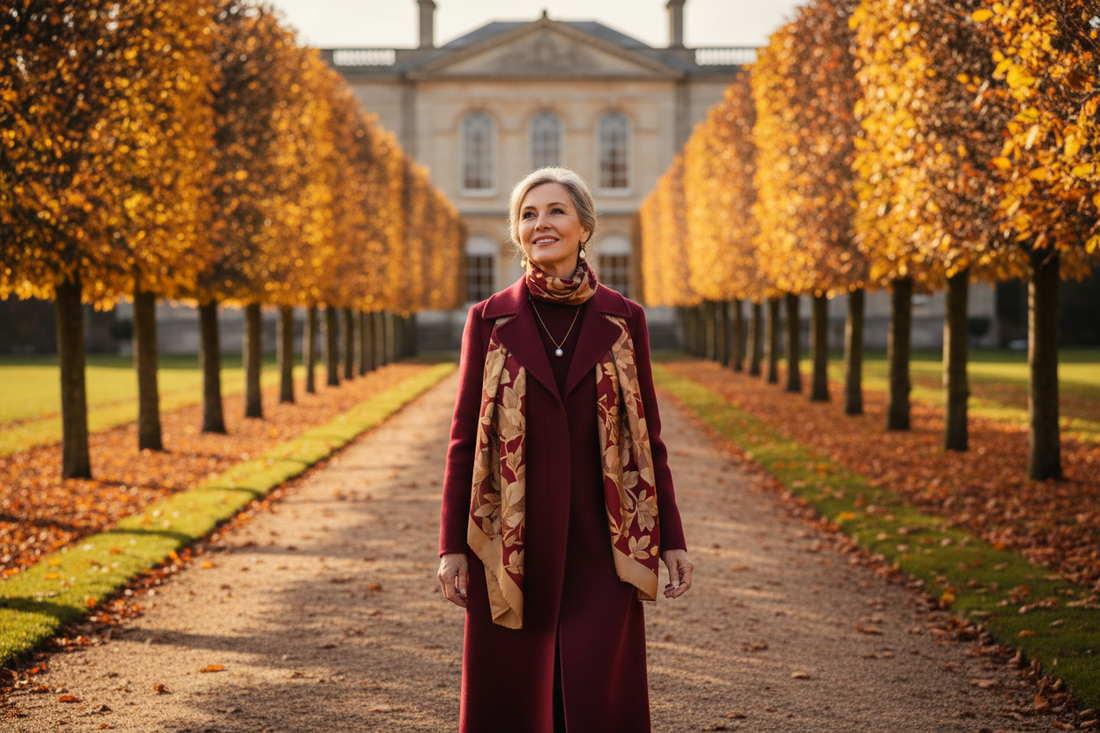  Elegant woman in her 50s walking through a beautiful autumn garden path lined with golden trees, wearing a sophisticated coat and tasteful jewelry, looking confident and radiant in soft warm fall light at an upscale estate.