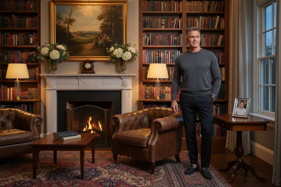  Distinguished man in his 50s standing confidently in a luxurious home library with a lean strong silhouette, his physique transformed through doctor-supervised precision nutrition that protected muscle while targeting fat — no exercise required