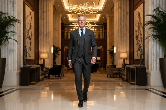 Distinguished man in his 50s striding confidently through a luxurious upscale lobby in a sharp tailored suit, radiating strength and vital energy reflecting strength and energy preservation strategies during doctor-supervised rapid fat loss