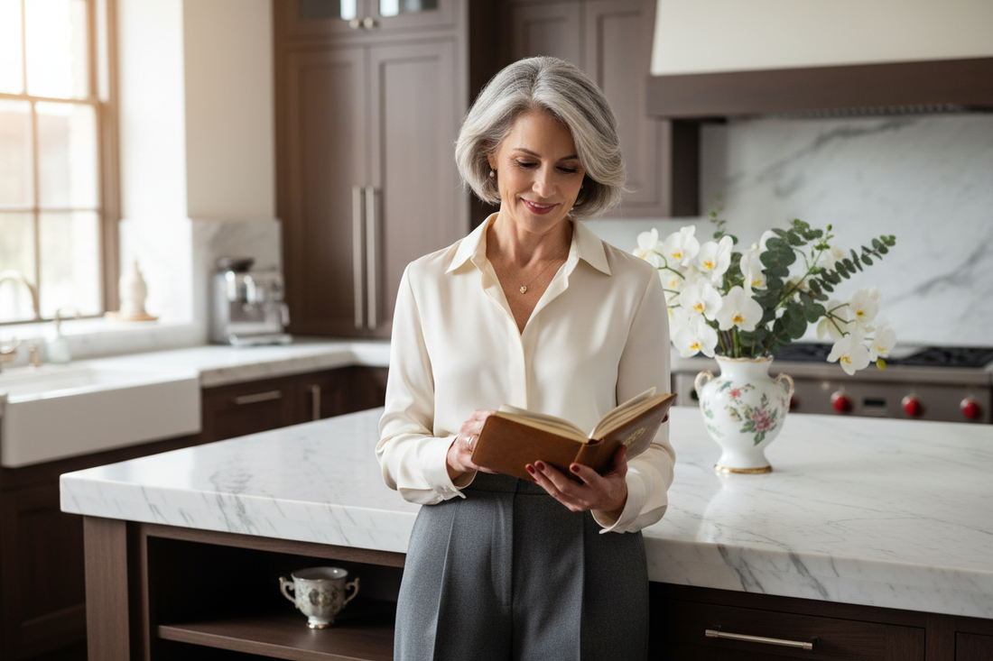  Elegant woman in her late 50s in a luxurious kitchen holding a journal with quiet confidence, her expression reflecting the lasting knowledge gained through professional fat loss protocol design and doctor-supervised weight loss