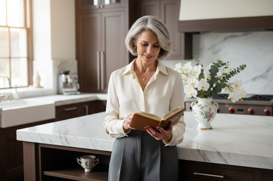  Elegant woman in her late 50s in a luxurious kitchen holding a journal with quiet confidence, her expression reflecting the lasting knowledge gained through professional fat loss protocol design and doctor-supervised weight loss