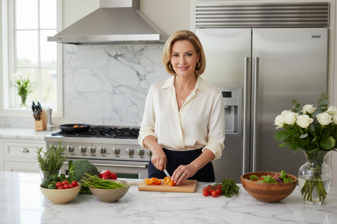 Elegant woman in her 50s in a luxurious upscale kitchen preparing a beautiful healthy dinner, wearing sophisticated casual attire and tasteful jewelry, with marble countertops, fresh vegetables, and soft natural light.