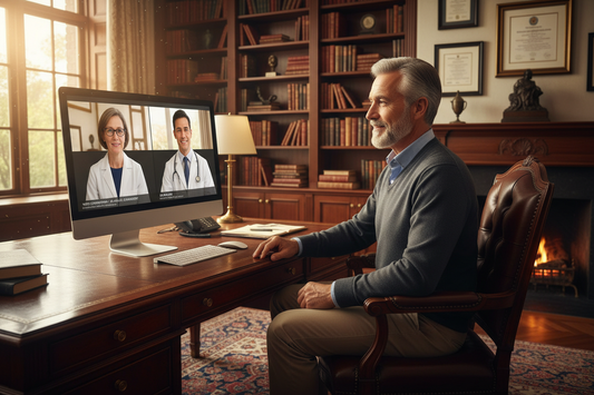Distinguished man in his 50s in a luxurious home office on a video call with his doctor, expression of genuine relief and confidence reflecting the benefit of structured medical accountability for weight loss