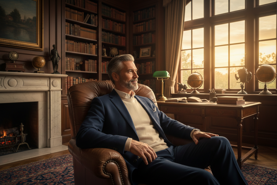 Distinguished man in his 50s relaxed in a luxurious home study with a calm satisfied expression, his hand resting on his flat midsection reflecting how the body resets fat storage patterns after completing a professional weight loss protocol