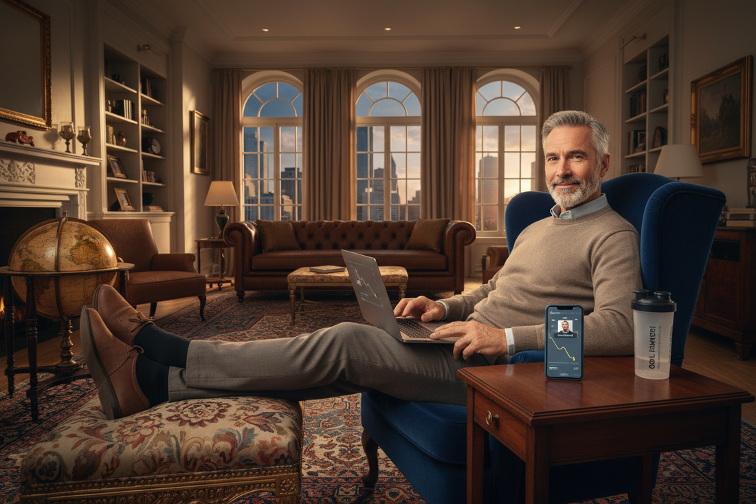 Distinguished man in his 50s relaxed in a luxurious living room with a laptop, calmly managing his doctor-supervised weight loss program remotely, the flexible remote support system fitting perfectly around his demanding life