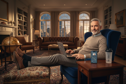 Distinguished man in his 50s relaxed in a luxurious living room with a laptop, calmly managing his doctor-supervised weight loss program remotely, the flexible remote support system fitting perfectly around his demanding life