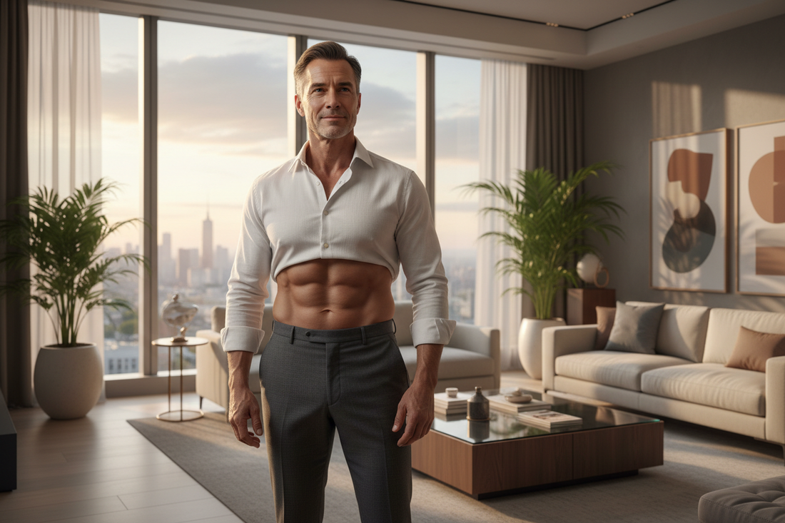  Distinguished man in his 50s standing tall in a luxurious living room with a lean strong physique, quietly confident after protecting lean tissue throughout a successful fat mobilization program