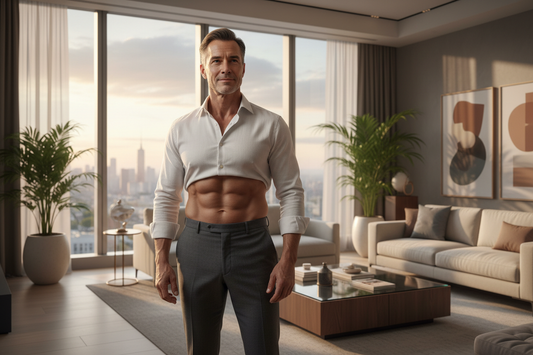  Distinguished man in his 50s standing tall in a luxurious living room with a lean strong physique, quietly confident after protecting lean tissue throughout a successful fat mobilization program