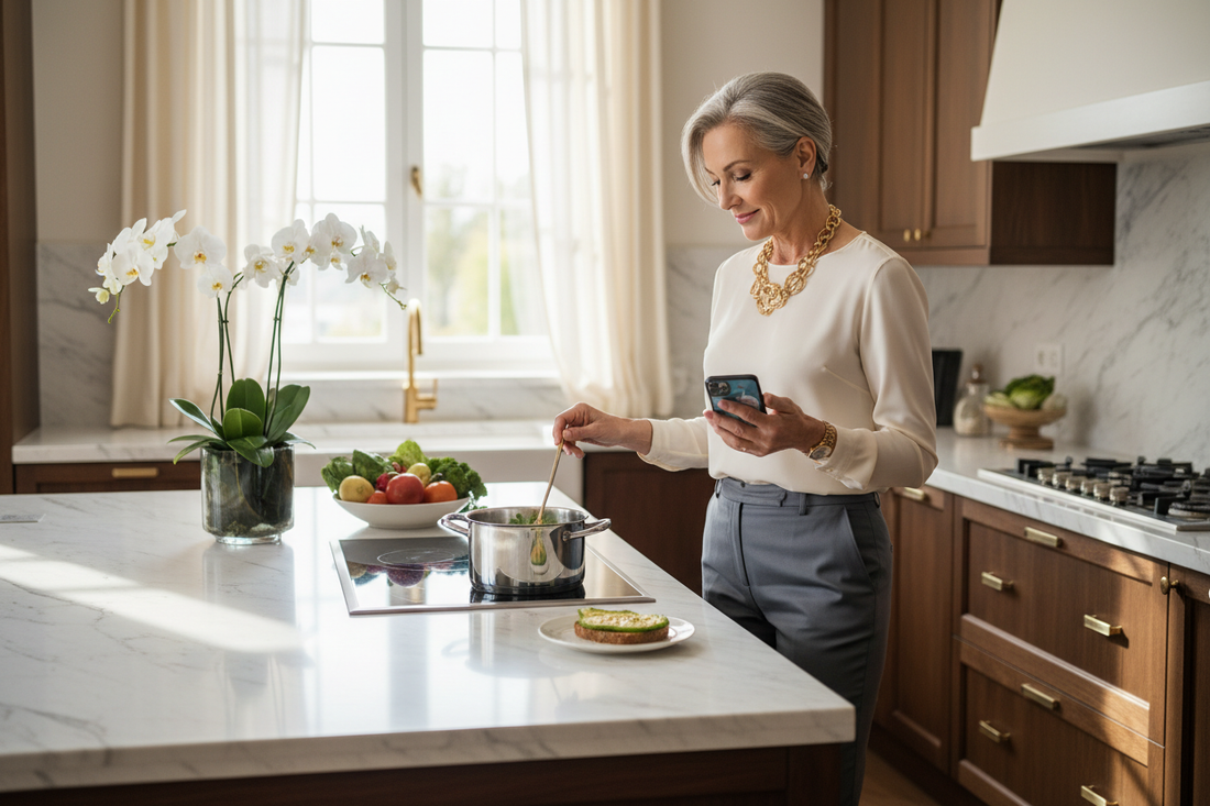 Elegant woman in her 50s in a luxurious upscale kitchen in sophisticated business attire, calm and composed, achieving a weight loss transformation that adapts fully to her busy midlife schedule