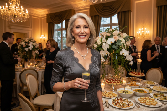 Elegant woman in her 50s at an upscale school social event, wearing sophisticated cocktail attire and tasteful jewelry, holding a sparkling water glass, looking radiant and confident among beautifully arranged appetizer tables in a luxurious venue.