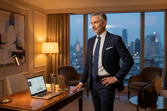 Distinguished man in his 50s in a luxurious hotel suite in a sharp business suit calmly checking his remote weight loss program on his laptop, his transformation continuing seamlessly across his demanding professional travel schedule