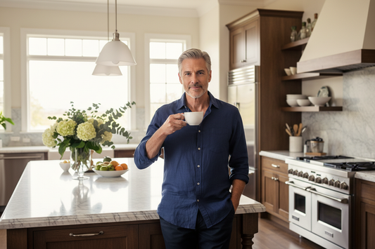  Distinguished man in his 50s in a luxury home kitchen holding coffee with a calm confident smile, radiating renewed energy and health