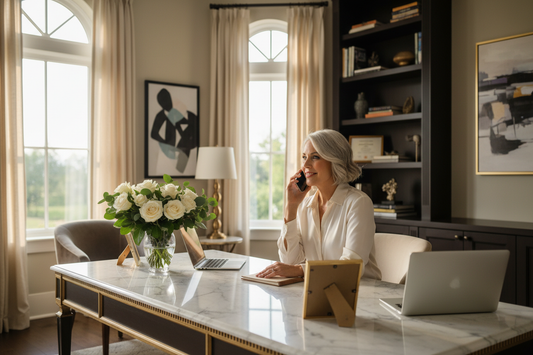  Elegant woman in her 50s at a luxurious marble home office desk on a professional check-in call, her confident expression reflecting the value of daily professional accountability in her doctor-supervised weight loss journey