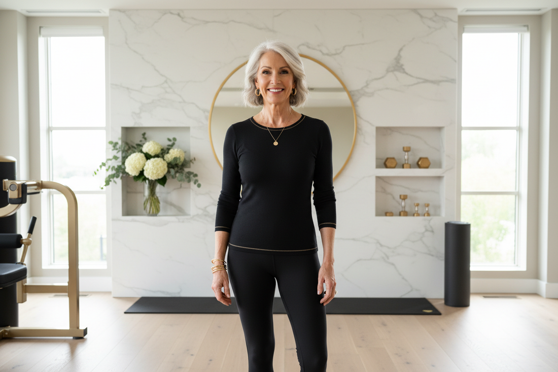 Elegant woman in her 50s in a luxurious home gym wearing high-end athletic wear, looking strong and radiant with soft natural light, marble accents, and fresh flowers, confident and healthy in an aspirational wellness setting.