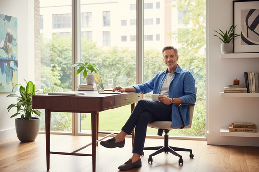 Distinguished man in his 50s at a modern upscale home desk with a relaxed confident smile, achieving weight loss results from the comfort of his own home