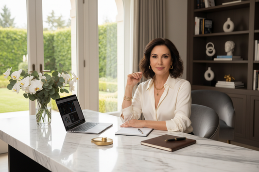 Elegant high-achieving woman in her 50s at a luxurious marble home office desk, calm and confident with soft natural light and fresh flowers nearby
