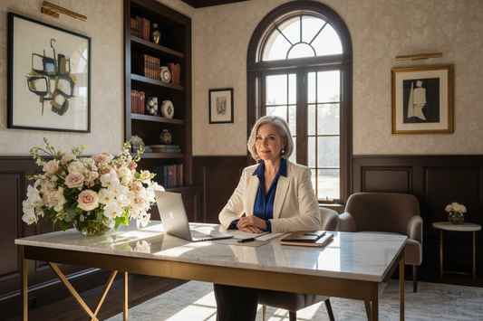 Elegant high-achieving woman in her 50s at a luxurious home office desk looking calm and confident