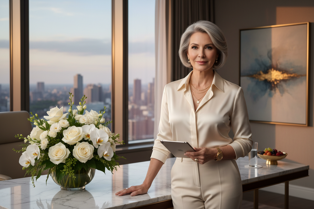 Elegant high-achieving woman in her 50s exuding calm professional confidence in a luxurious upscale setting with soft natural light and fresh flowers