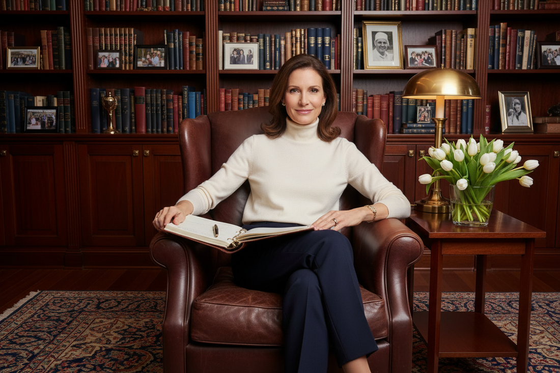 Elegant high-achieving woman in her 50s relaxing triumphantly in a luxurious home library chair, slim and vibrant, effortlessly burning 2500 to 3000 calories of stored fat daily through a doctor-supervised homeopathic weight loss program