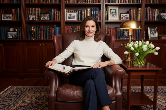 Elegant high-achieving woman in her 50s relaxing triumphantly in a luxurious home library chair, slim and vibrant, effortlessly burning 2500 to 3000 calories of stored fat daily through a doctor-supervised homeopathic weight loss program