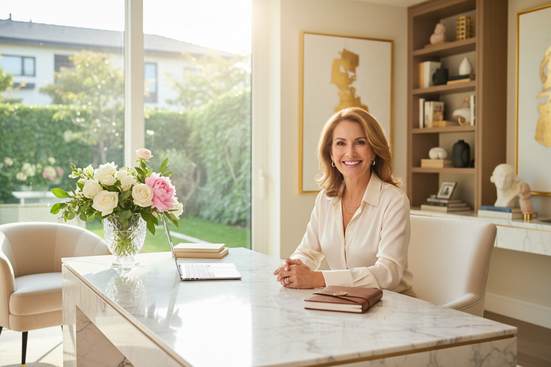  Elegant high-achieving woman in her 50s sitting confidently at a luxurious marble desk in a sunlit home office, radiant and empowered, silk blouse, tasteful gold jewelry, fresh flowers