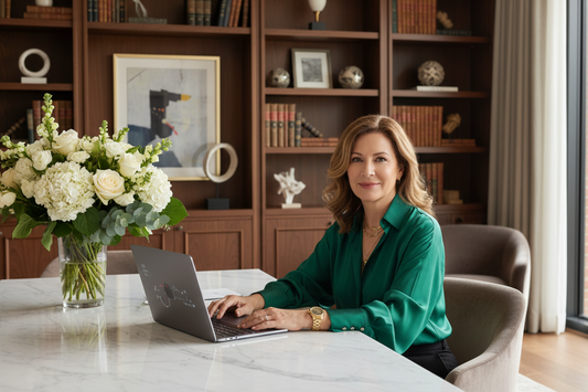 Elegant woman in her 50s sitting confidently at a marble desk in a luxurious home office, radiant and composed, soft natural light
