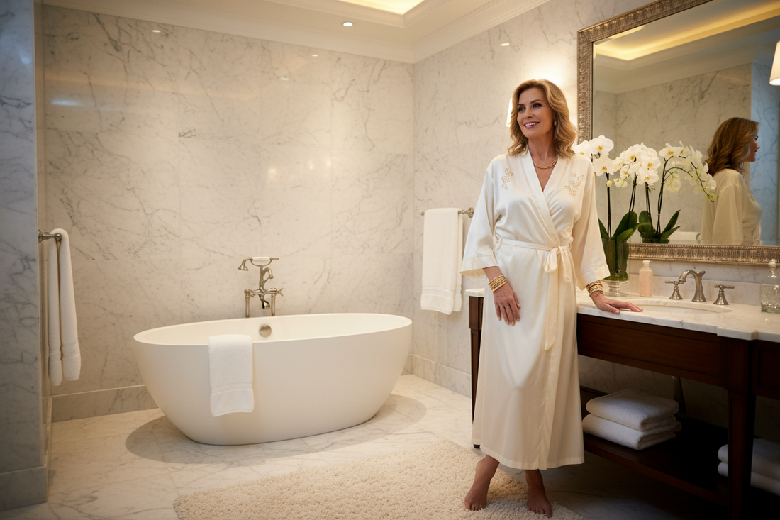  Elegant woman in her 50s standing in a stunning luxury spa bathroom with marble walls, wearing a beautiful silk robe and tasteful gold jewelry, looking at her reflection with radiant confidence, fresh orchids, warm soft ambient lighting, high-end decor