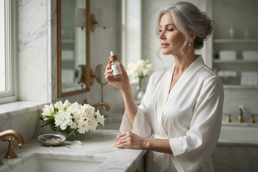 Elegant woman in her 50s in a luxurious marble spa bathroom holding a glass dropper bottle up to soft natural light, glowing with purity and trust in homeopathic drops for effortless fat and toxin release