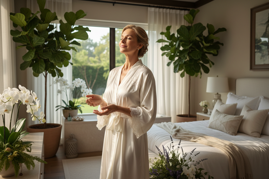 Serene radiant woman in her 50s in a sunlit luxury bedroom eyes closed face lifted in deep peace and hormonal balance restored after transformative weight loss