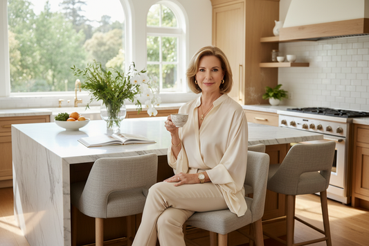 Elegant woman in a sunlit luxury kitchen holding herbal tea, radiant and balanced