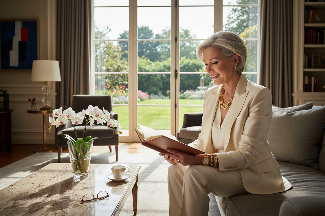  Elegant accomplished woman in her 50s in a sunlit luxury living room reviewing her progress journal, representing the long-term success achieved through Dr. Restivo's consistent doctor monitoring program