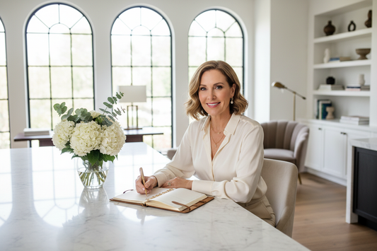 Elegant woman in a luxurious sunlit home reviewing her wellness journal on a marble countertop with fresh flowers nearby