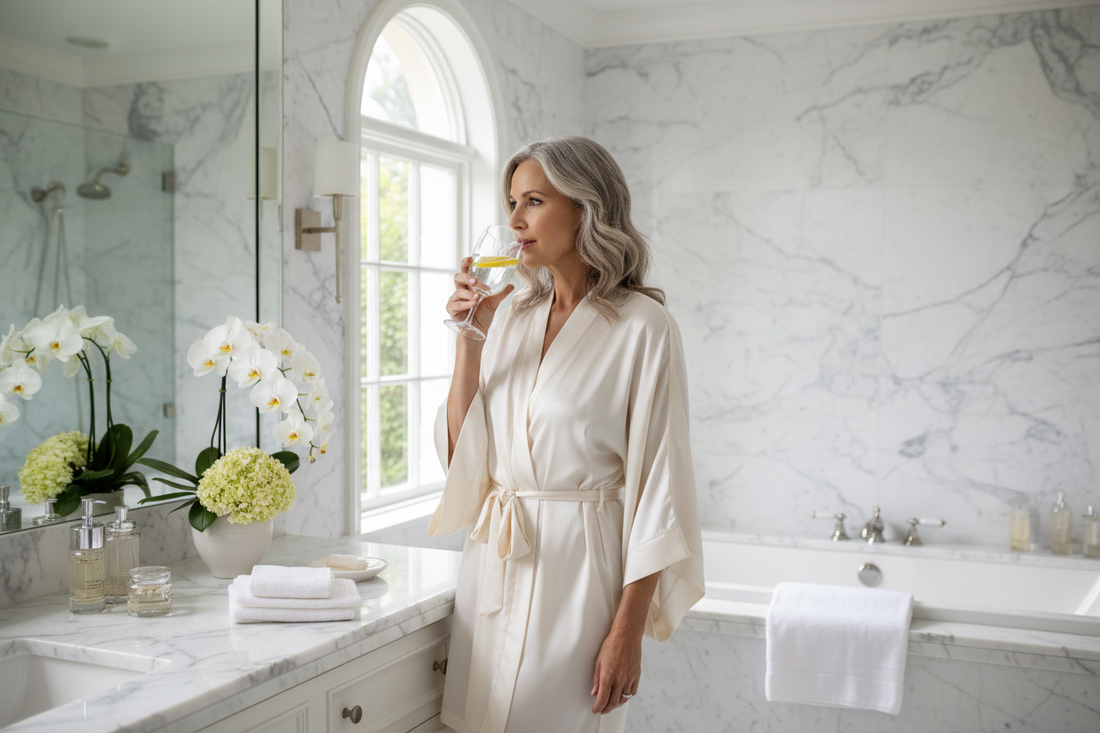  Elegant woman in a luxurious marble bathroom holding a glass of lemon water, representing anti-inflammatory wellness and weight loss support
