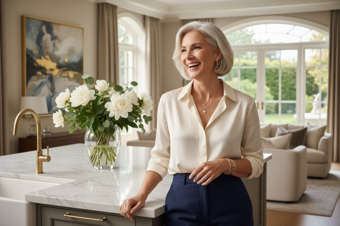Elegant woman laughing freely in a sunlit luxurious kitchen with fresh flowers on a marble countertop, radiating warmth and effortless confidence