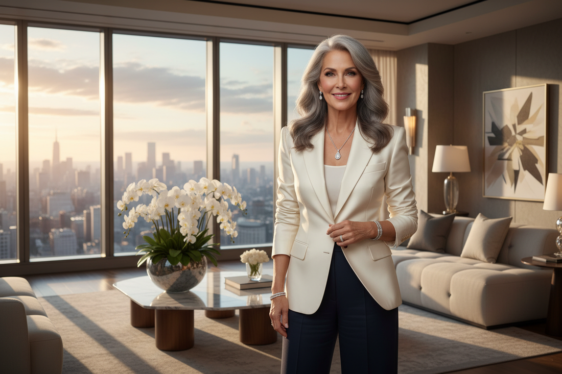Distinguished woman in her 50s with silver-streaked hair, radiant and confident in a luxury penthouse with city skyline view