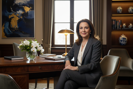 Polished professional woman in her 50s in an elegant consultation setting, representing empowered conversations about weight loss with a doctor