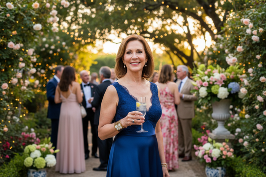 Elegant midlife woman confidently enjoying a summer social event while staying on track with her doctor-supervised weight loss program