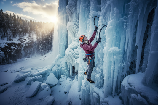 "Woman ice climbing a frozen waterfall with axes, showcasing fearless strength and determination as part of a healthy weight loss lifestyle"