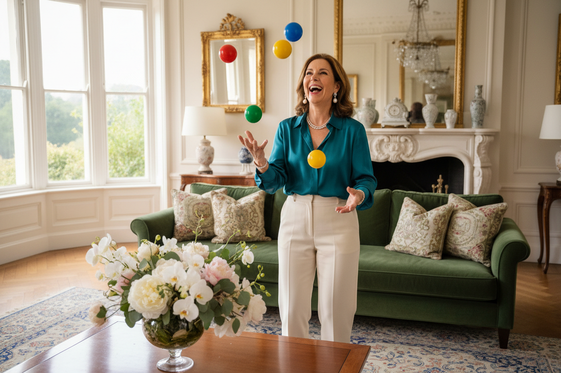 Elegant affluent woman in her 50s juggling colorful balls in a luxurious living room, laughing and radiant, representing the coordination and stress-relief benefits of juggling for weight loss